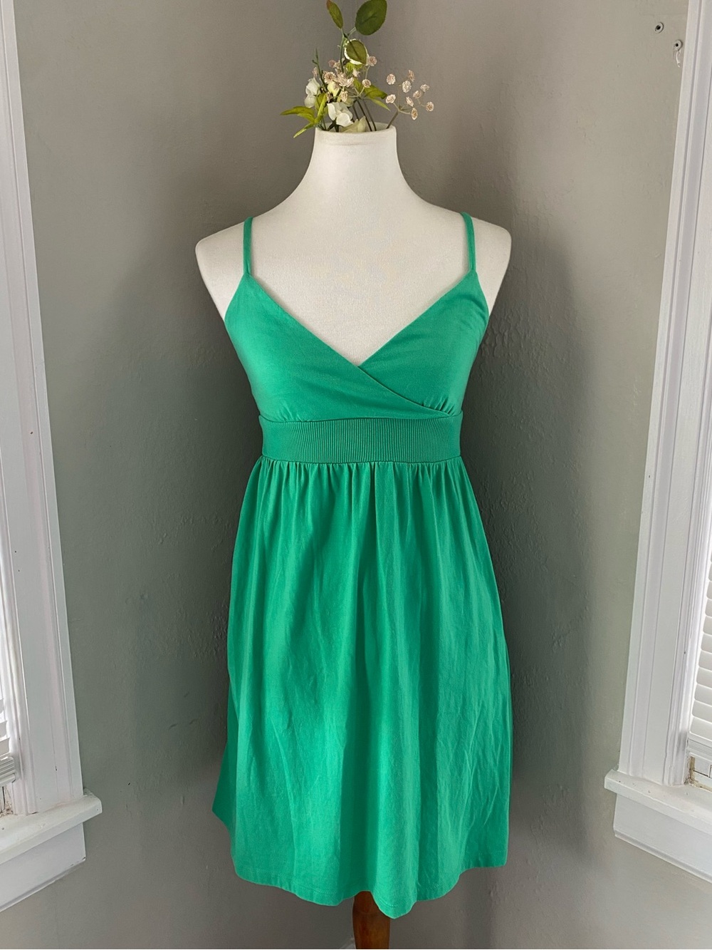 Y2K Kelly Green V-Neck Short Babydoll Sundress Girly Summer Vacation Beach Sz S